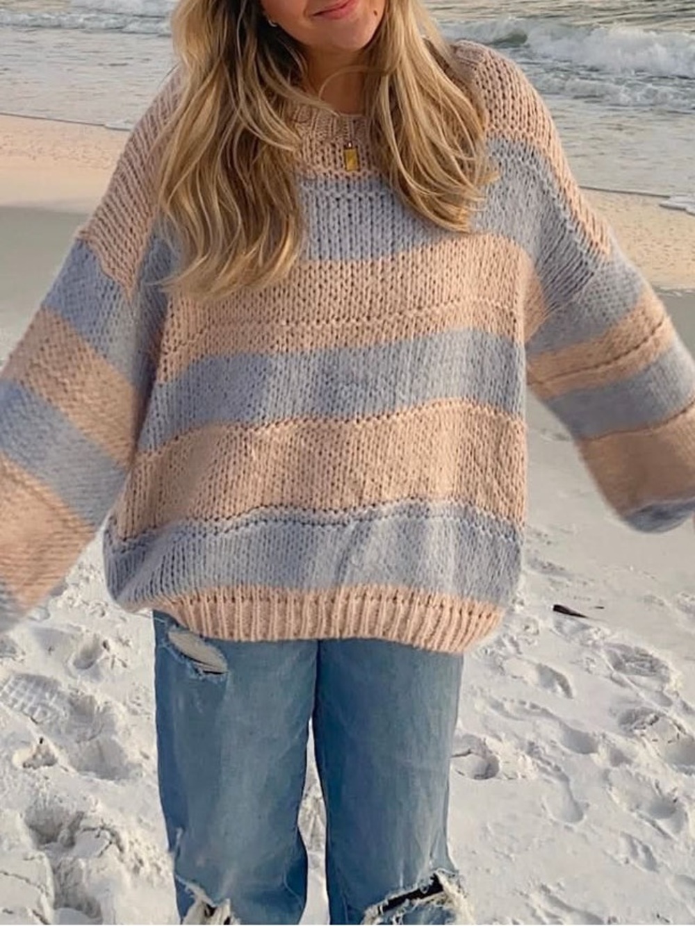 Miracle Oversized Crewneck Sweater in Light Blue & Beige Stripes
